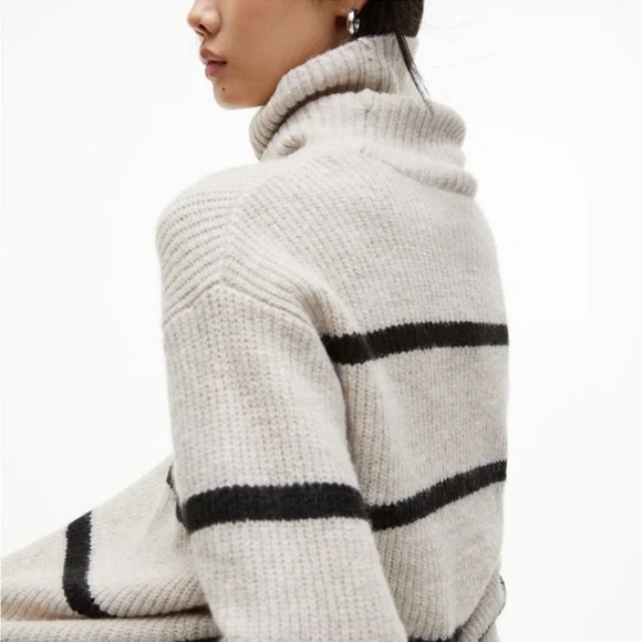 H&M cream grey oatmeal black striped turtleneck sweater size L - Picture 5 of 11